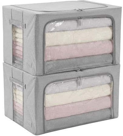 Periea Beau 2 Pack Storage Boxes 74L (53x40x35cm) – Collapsible Stackable Fabric Organisers Storage Bags with Steel Frame, Front Window & Top/Front Zip Access – (Grey)