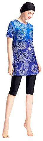 Lazzboy Frauen Muslimischen Badeanzug Mit Cap Printing Beachwear Bademode Muslimische Burkini Set Druck Elastischer Hijab Schnelltrocknendes Badekostüm Sonnenschutz(Blau,L)