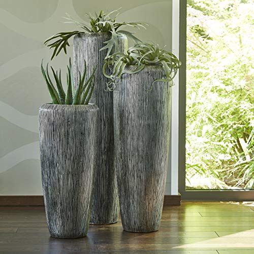 Klocke Pflanzgefäße Edle & Hochwertige Pflanzvase Rillenstruktur - Fiberglas - Inklusive Einsatz – Indoor – Pflanzkübel Metallic/Metallisch (Medium: 100cm, Silber)