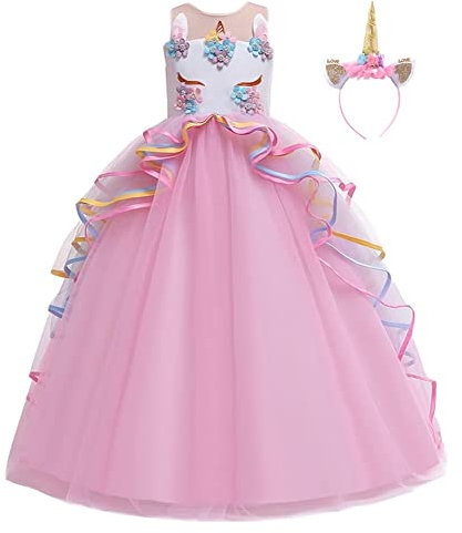 FMYFWY Costume Carnevale Unicorno Principessa Ragazze Compleanno Cerimonia Arcobaleno Lungo Maxi Tulle Vestito Senza Maniche Natale Halloween Cosplay Festa Abiti con Cerchietto Unicorno Rosa 8-9