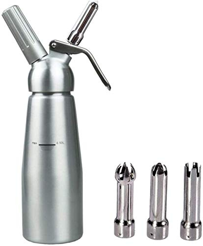 Silver Cream Maker Stainless Steel Body - 0.5 Liter Professional Aluminum Cream Dispenser with 3 Garnish nozzles + Scrubber