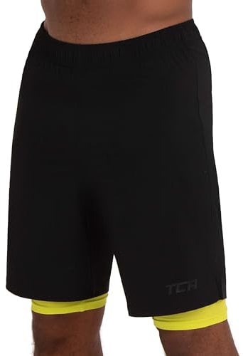 TCA Ultra Sporthose Herren kurz 2 in 1 mit Tasche - Kurze Sport Shorts Trainingshose mit Taschen - Laufhose mit Kompressions Innenhose und Reißverschluss Handytasche - Schwarz/Grün, S