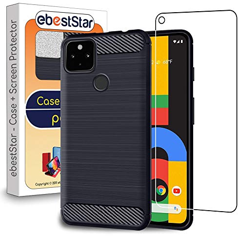 ebestStar - Hülle für Google Pixel 4A (Version 4G, Nein 5G), Silikon Handyhülle Cover, Carbon Fiber Texture Schutzhülle, Dunkelblau + Panzer Schutz Glas