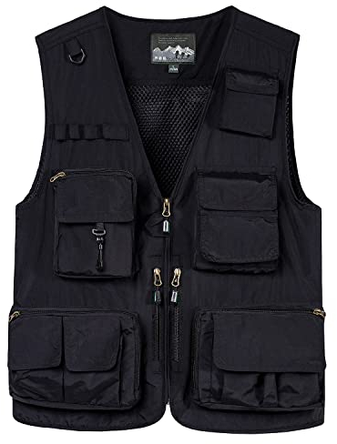 KTWOLEN Herren Anglerweste Sommer Leicht Schnelltrockenweste Funktionsweste Outdoor Fotografie Hundesport Weste Ärmellos Safari Weste mit Viele Taschen, Schwarz, 3XL