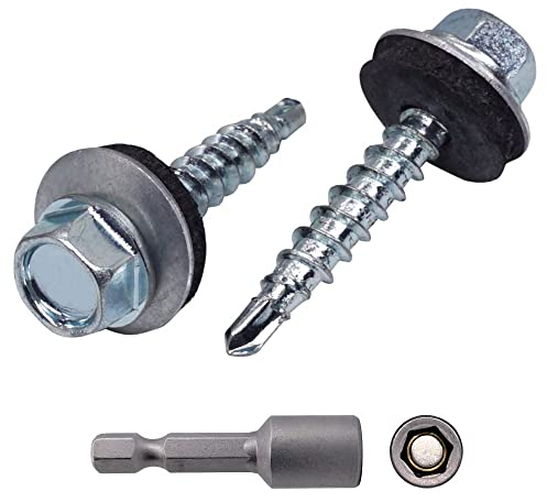 Marcopol Selbstschneidende Schrauben aus verzinktem Stahl, DIN 7504-K, 4,8 x 28 mm, mit EPDM-Unterlegscheiben, Sechskant-Unterlegscheibenkopf, Blechschraube, Packung mit 80 Stück, Silber