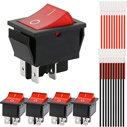 Xiatiaosann Kippschalter Wippschalter Switch 4 Pins 2 Positionen EIN/AUS Rotes LED Licht beleuchtet AC 10A/125V 6A/250V DPST Boot Wippschalter Kippschalter, 5 Stück