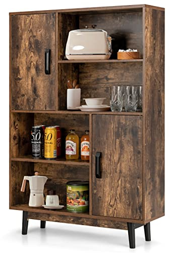 GOPLUS Armario Auxiliar de Madera con Protección Antivuelco | Alacena de Cocina con 2 Puertas, Cierre Magnético para Estudio, Salón, Dormitorio y Oficina