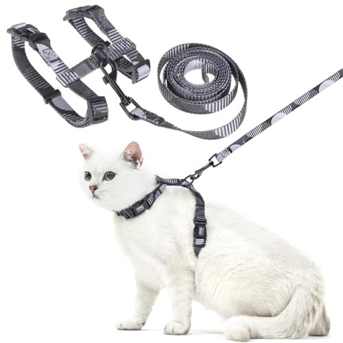 PUPTECK Verstellbares Katzengeschirr mit Führleine - Ausbruchssicheres Kitten-Gurtgeschirr mit Dunkelgrau-Print