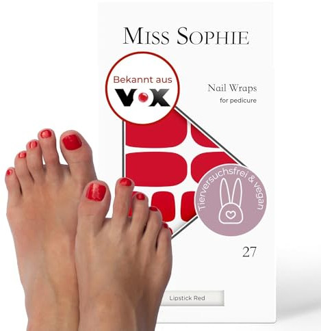 Miss Sophie Pedi Wraps - Lipstick Red Pedicure - Einfarbig, Rot, Nail Wraps for pedicure - 27 ultra-dünne selbstklebende langanhaltende Nagelfolien