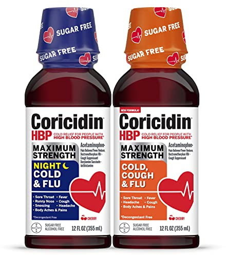 Coricidin HBP Maximum Strength Cold & Flu Day & Night Sugar-Free Liquid Twinpack, Decongestant-Free Cold Medicine for Adults with High Blood Pressure -12 Fl Oz (Pack of 2)