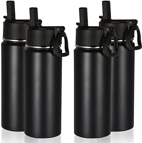 Volhoply 530ml 18oz Insulated Water Bottle Bulk 4 Pack, Kids Stainless Steel Water Bottles with Straw Lid, Reusable Metal Wide Mouth Sports Flask Keep Hot and Cold (Black,4 Pack)