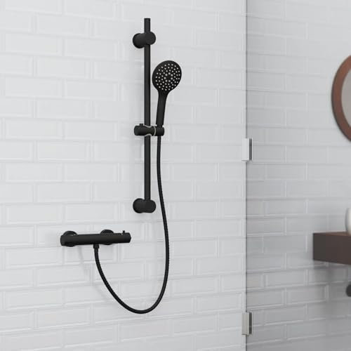 SCHÜTTE Duschsystem mit Duschthermostat in Schwarz Matt, RAVEN Duschstange und Handbrause mit LONDON Mischbatterie, Brausethermostat mit passender Handbrause und Duschschlauch