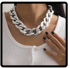 Prosy Punk Cuban Link Chain Choker Necklace Lightweight Chunky Oval Chain Link Necklace Statement Hip Hop Jewelry for Women and Girls (Silver)
