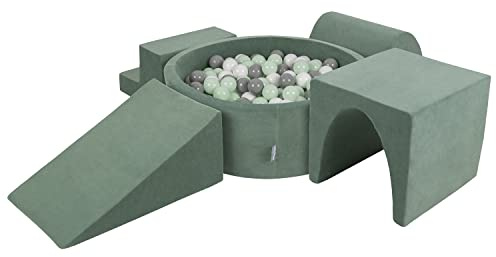 KiddyMoon Spielplatz Velvet Aus Schaumstoff Mit Samt Rund Bällebad (300 Bälle) Ballgruben Für Babys Spielbad Hindernisläufen, Hergestellt In Der EU, Waldgrün: Weiß/Grau/Minze