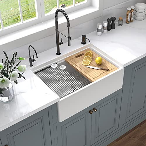Hausinluck 30 inch White Fireclay Farmhouse Sink, Workstation Farm Apron Front Kitchen Sink, Reversiable Farmhouse Ceramic Porcelain Single Bowl Sink with Ledge and Accessories (Pack of 4)