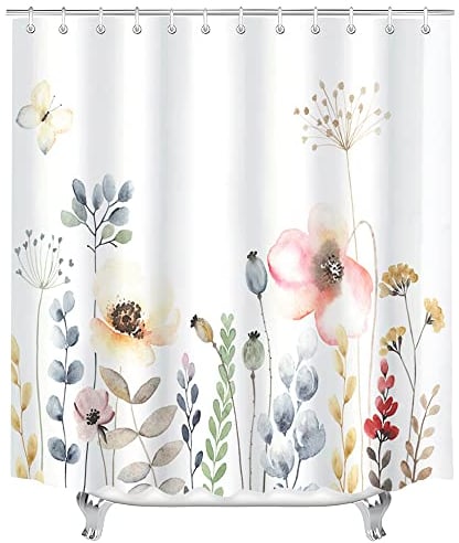 Lerores Duschvorhang 180x200cm, Blumen Pflanze Beschwerter Saum Antischimmel Textil, Wasserabweisend, Waschbar Polyester Stoff Badevorhänge für Badezimmer, Badewanne mit 12 Duschvorhangringe