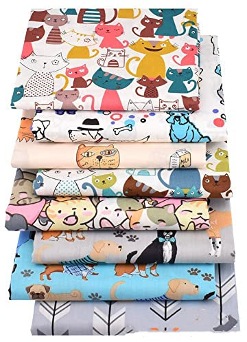 Yurosiay 8 Stück 25×25cm Baumwollstoffe Nette Cartoon Tiere Bedruckte Stoffe Patchwork Stoffe Tiere Baumwolle Quiltingstoffe Stoffe zum Nähen Stoffreste Stoffpaket für DIY Handwerk Katzen