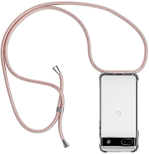 ZYIMOU für Google Pixel 6A Hülle mit Band, Handyhülle Google Pixel 6A Handykette Hülle mit Kette Schutzhülle Kordel zum Umhängen Transparent Weich TPU Silikon Bumper, Rosé Gold