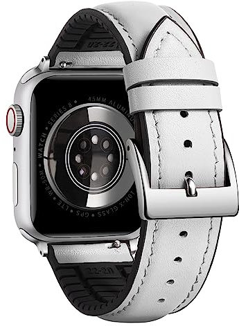 BINLUN Compatible with Apple Watch Bands Leather Soft Silicone Inner Hybrid Sweatproof 42mm 44mm 45mm 46mm 49mm Watch Strap for iWatch Ultra SE Series 10/9/8/7/6/5/4/3/2/1(Silver Buckle,White)