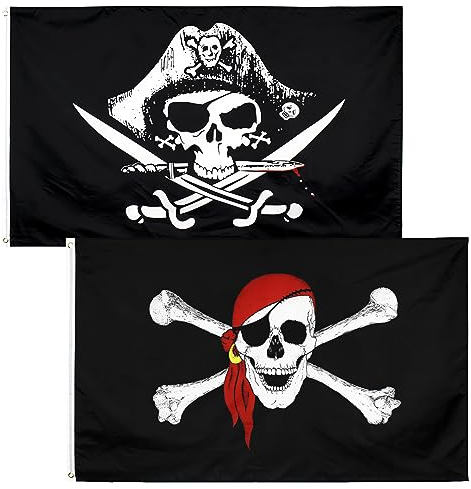 CLDURHGE Juego de 2 banderas piratas, 90 x 150 cm, bandera pirata con calavera y cuchillo cruzado, decoración de Halloween, banderas premium para cosplay, fiesta temática pirata
