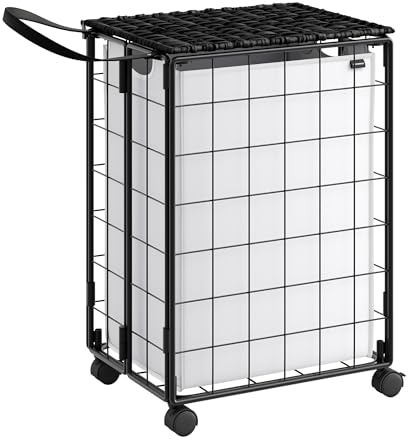 SONGMICS Wäschekorb, 90 L, faltbarer Wäschesammler mit Rollen, Wäschebox, Wäschewagen mit Deckel, Wäschesack herausnehmbar, 46 x 33 x 65 cm, tintenschwarz-wolkenweiß LCB290B12