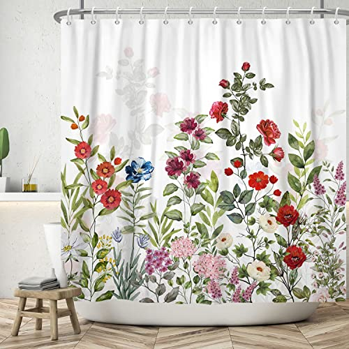 ASDCXZ Blumen Duschvorhang 180x200 cm, Frühling Handgemalt Rot Weiß Rose Bunt Floral Grün Blätter Bad Waschbar Duschvorhänge Polyester Textil Wasserdicht Badevorhang für Badewanne mit 12 Haken
