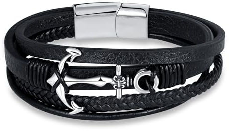 INFINIONLY Herren Mehrschichtiges Geflochtenes Leder Armband Fashion Edelstahl Anker Armbänder für Jungen mit Edelstahl Schnalle