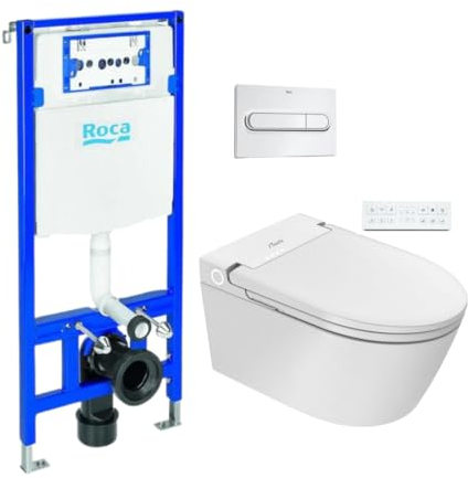 Nashi - WC giapponese sospeso a parete + telaio | con bidet | Design per serbatoio da incasso | Luce notturna | Sedile riscaldabile, acqua calda e asciugatura | WC giapponese intelligente | EOS