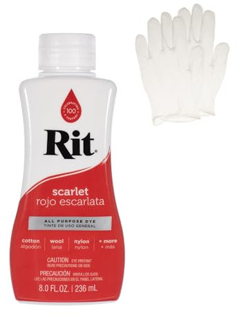 Rit Dye - Tinte líquido para tela, para manualidades, ropa y decoración, botella de 8 onzas, rojo escarlata (guantes incluidos)