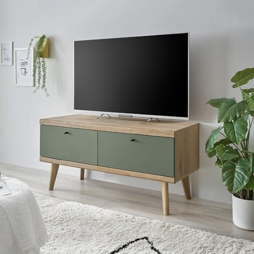 Lomadox Wohnzimmer TV-Lowboard TV-Schrank, 107cm, in Eiche mit grün Modern