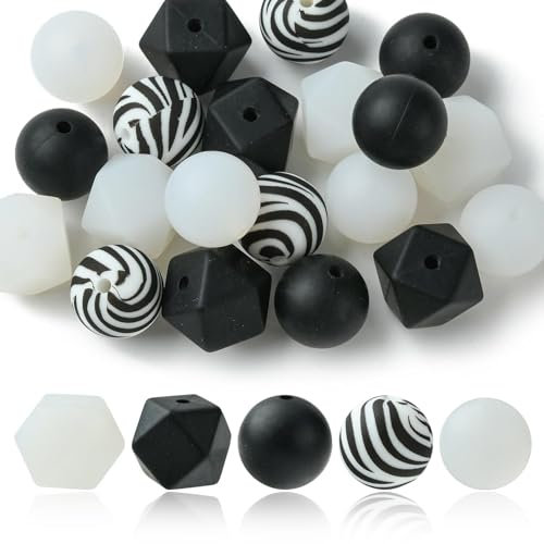 Stiesy 20Pcs Black White Silicone Focal Beads Round 15mm Spacer Beads Polygon Zebra Stripes Soft Rubber Beads for DIY Keychain Beadable Pens Jewellery Making