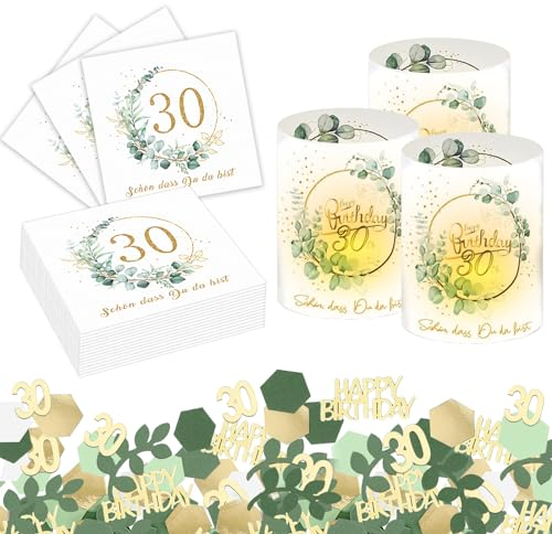 ALEGRE® Deko 30 Geburtstag Frauen Männer,30 Geburtstag Deko Set mit Windlicht Tischdeko 30 Geburtstag,Servietten 30. Geburtstag Deko und Happy Birthday 30 Konfetti Geburtstag,Geburtstagsdeko 30 Jahre