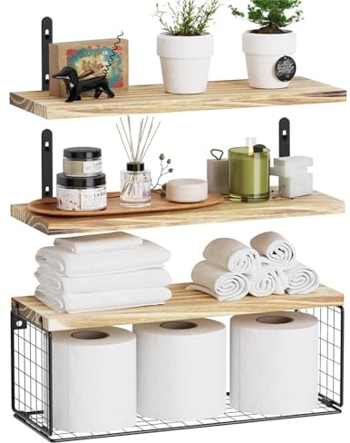 Lot de 3 Étagères Murales en Bois avec Grille Métallique, Tablettes Flottantes pour Salon, Chambre, Bureau, Salle de Bains et Cuisine