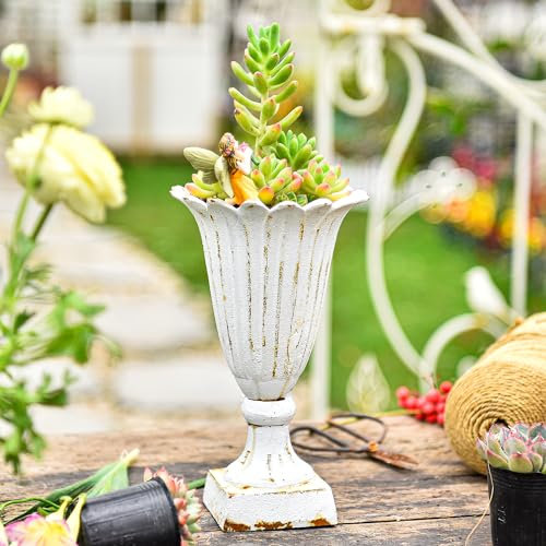 Sungmor Florero de hierro fundido, diseño de trompeta, maceta vintage, soporte de exhibición de flores artificiales, macetas pequeñas rústicas blancas para suculentas, maceta de mesa para interiores,