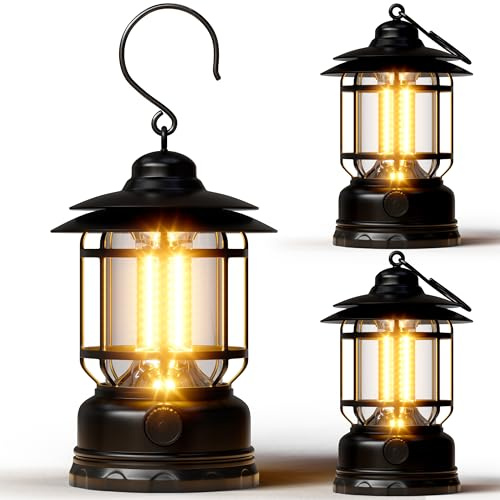 KUNDGLA LED Camping Lanterns,3 Pack Rechargeable Battery Emergency Lighting with Stepless Dimming Vintage Portable Camping Lights & Lantern for Emergency Fishing Camping Hiking Power Outage Tabletop