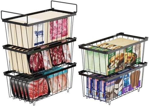 iSPECLE Gefrierschrank Organizer Behälter – 5er Gefriertruhe Körbe für 198L Tiefkühltruhen Sortieren Gefrorenes Fleisch, Sparen Platz, Stapelbare Drahtkörbe Mit Griffen Leicht zu Erreichen, Schwarz