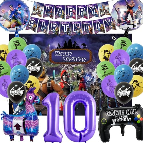 Decoration Anniversaire Jeu Vidéo 10 Ans Garcon, Kit Déco Anniversaire Gaming Gamer 10 Ans, Jeux Video Ballon Helium, fond banderole joyeux anniversaire pour Décorations de Fête à Thème du Jeu Vidéo