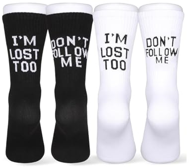 2 Paar 36-42 Baumwollsocken Lustige Sportsocken mit Motiv, Baumwolle Socken mit Spruch, mit Spruch Don't Follow Me I'm Lost Too Baumwollsocken, für Damen Herren Unisex Business( Schwarz, Weiß )