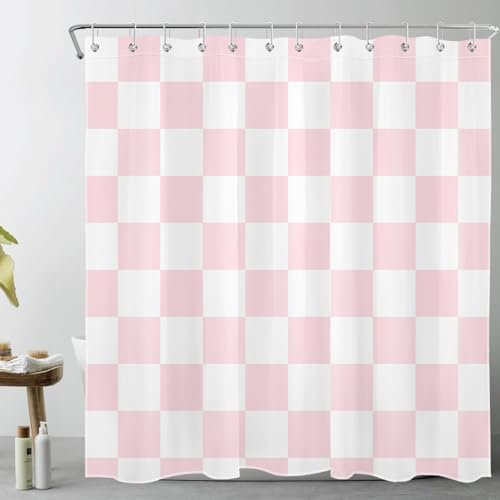 LB Rosa und weiß kariert Duschvorhang 180x180cm Einfach geometrisch Antischimmel Wasserdicht Badezimmer Vorhänge,Modernes Kariertes Kunstdekor Polyester Stoff Bad Vorhang mit Haken