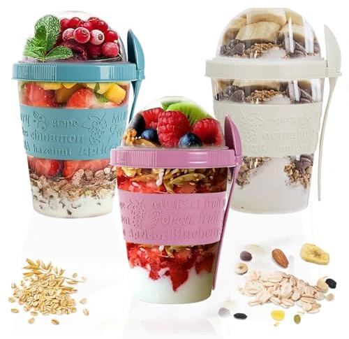 SAFRI 600ml Over Night Oats Container Reusable Yogurt Cups 100% BPA Free Breakfast On The Go Cereal Yogurt Pot with Lids and Spoon (White, Pink & Turquoise Cup)