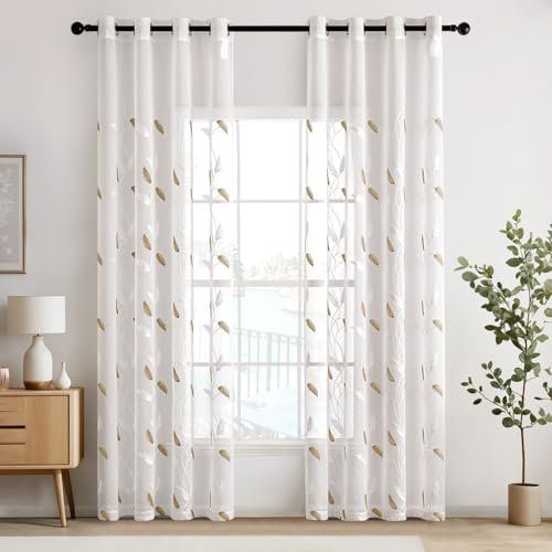 EMEMA Voile Vorhang Wohnzimmer mit Ösen Transparente Blätter Muster Schöne Stickerei Gardinen Fenster Vorhang 2er Set Modern Schlafzimmer Vorhänge Jeder H 160 X B 140 cm Blätter Beige