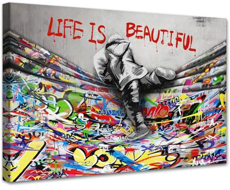 Bunte Vorhänge, Graffiti-Leinwand, Wandkunst, gerahmtes Kunstwerk, Junge, Graffiti-Poster, Drucke, Straßenkultur, Banksy-Kunst, Wanddekoration für Wohnzimmer, Schlafzimmer, Küche, Dekor, fertig zum