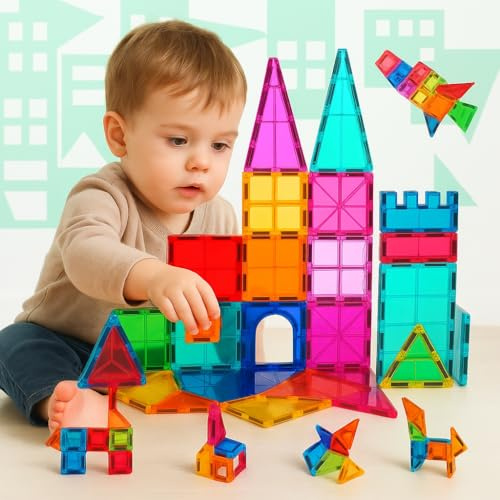 NK Magnetische Bausteine für Kinder (100 Teile) - Magnetische 3D Magnetic Tiles, Montessori Lehrspielzeug, Geburtstags Kinder