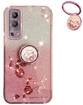 YUECXIN Hülle für Vivo Y72 5G/Vivo Y52 5G/Y53S 5G/Y75S mit Glänzende Blumen Ring Ständer, Niedliche Bling Frauen Mädchen Handyhülle, Ultra Dünn Stoßfest Weich TPU Silikon Schutzhülle, Rosa