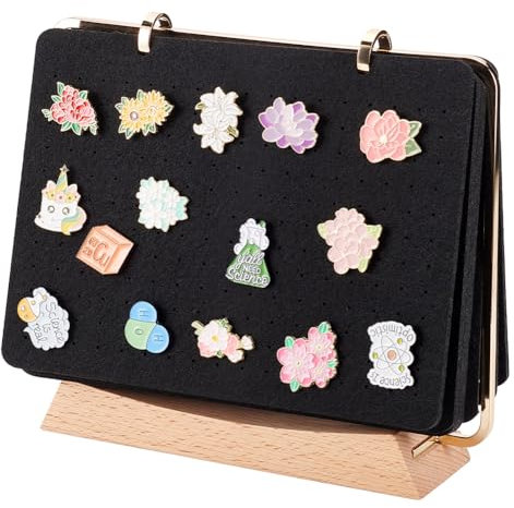 BENECREAT Broschen-Organizer, 8 Seiten Pin-Sammel-Kalender mit Holzständer, Pin-Halter mit Filzblättern für Revers-Pin-Emaille-Pin-Display und Lagerung