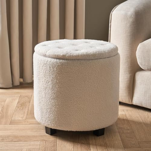 OHS Cream Bouclé Storage Ottoman, Button Top Design, 43 x 43 x 42cm