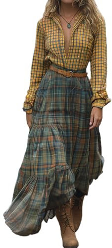 XUSAI Jaune,L,Robe Maxi Patchwork À Carreaux pour Femmes Robe Chemise Élégante Vintage À Manches Longues Col en V Robe Longue Fluide Décontractée d'automne