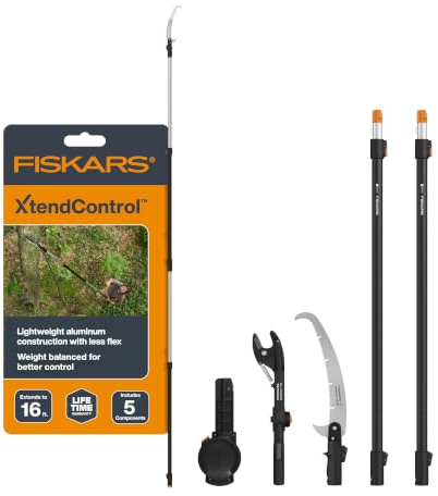 Fiskars XtendControl 16' Tree Pruner Kit with Rotating Pruner Head, 15 X3 Double-Hooked Saw, Two 4-8 Ft Extension Poles, Cuts Branches up to 1.25, Pivots 45 Degrees, Lightweight Aluminum