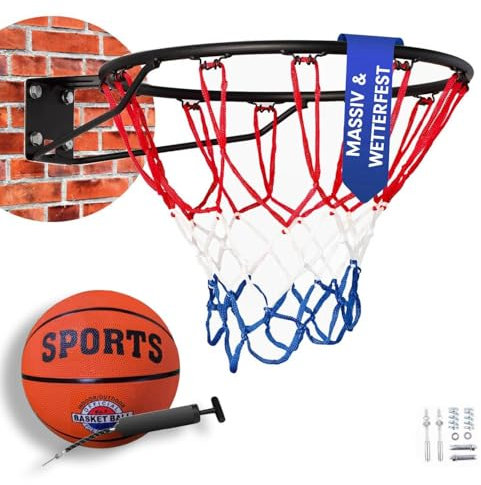 DreamHoops Basketballkorb Outdoor Wandmontage, Ø45cm Ring Mit Federung, Basketballnetz für Kinder (Basketballkorb inkl. Ball & Pumpe)