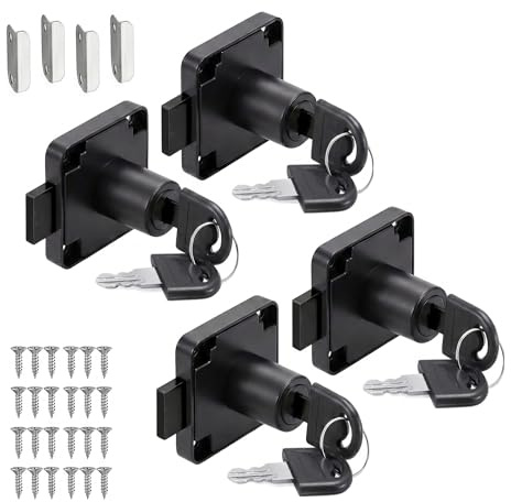 4 Sets Möbelschloss mit Schlüssel, Sicherheits Schrankschloss, 22mm | Rostfreier Stahl Spindschloss Aufschraubschloss für Schubladen und Schränke (Schwarz)